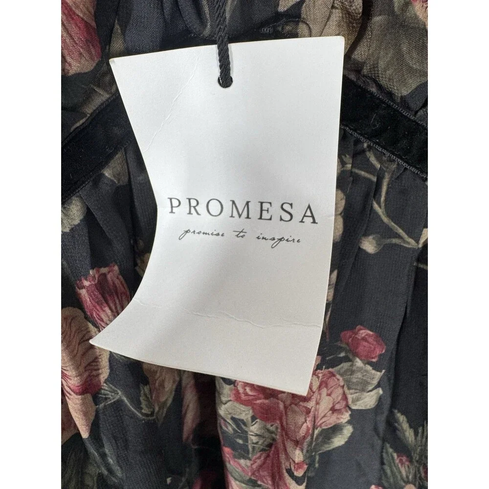 Promesa NWT Wildflower Glen Floral Velvet Trimmed Maxi Dress Size M Boho Fairy - Picture 7 of 10
